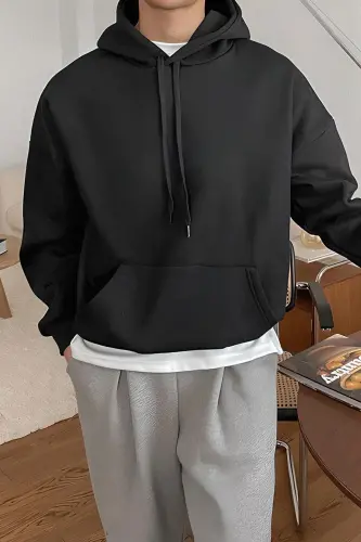 Erkek Siyah Düz Kapüşonlu Oversize3 iplik Şardonlu Salaş Bol Kesim Hoodie Sweatshirt - Siyah - 1