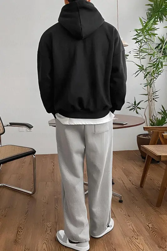 Erkek Siyah Düz Kapüşonlu Oversize3 iplik Şardonlu Salaş Bol Kesim Hoodie Sweatshirt - Siyah - 2