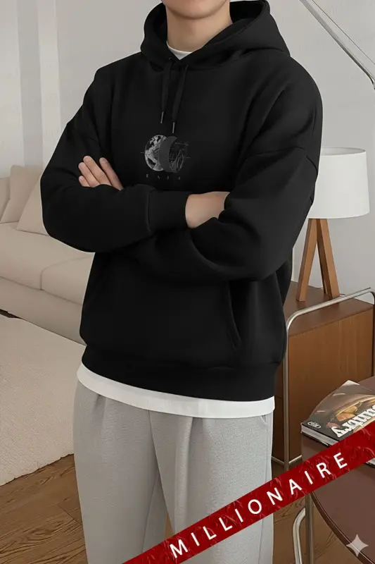 Erkek Siyah Earth Kapüşonlu Oversize 3 iplik Şardonlu Salaş Bol Kesim Hoodie Sweatshirt-Siyah - 4