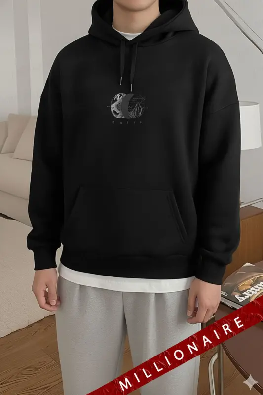 Erkek Siyah Earth Kapüşonlu Oversize 3 iplik Şardonlu Salaş Bol Kesim Hoodie Sweatshirt-Siyah - 5