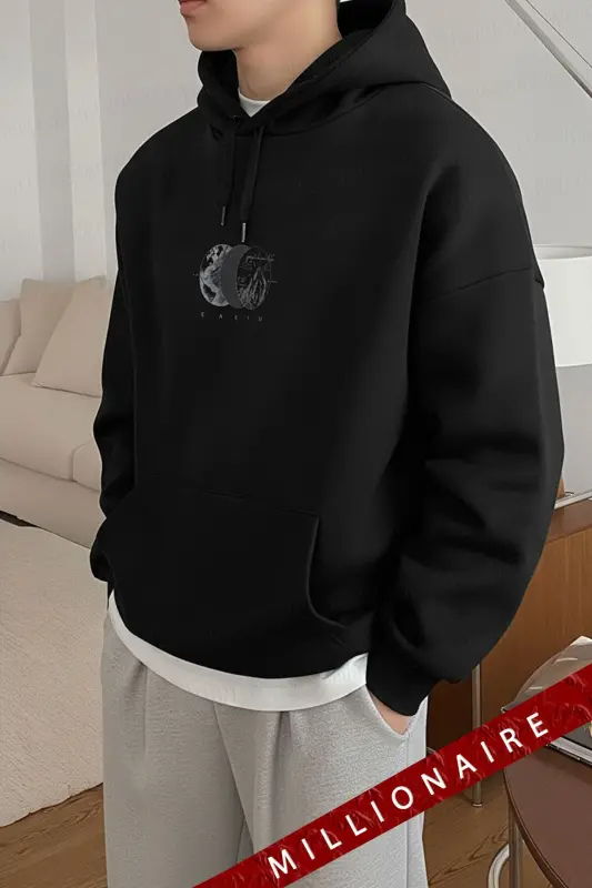 Erkek Siyah Earth Kapüşonlu Oversize 3 iplik Şardonlu Salaş Bol Kesim Hoodie Sweatshirt-Siyah - 6
