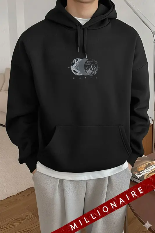 Erkek Siyah Earth Kapüşonlu Oversize 3 iplik Şardonlu Salaş Bol Kesim Hoodie Sweatshirt - Siyah-Earth - 1