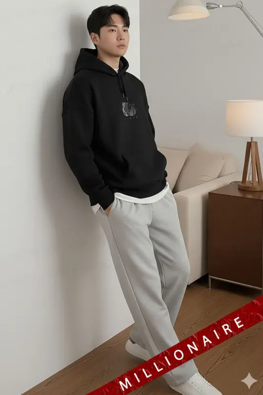 Erkek Siyah Earth Kapüşonlu Oversize 3 iplik Şardonlu Salaş Bol Kesim Hoodie Sweatshirt - Siyah-Earth - 3