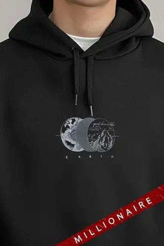 Erkek Siyah Earth Kapüşonlu Oversize 3 iplik Şardonlu Salaş Bol Kesim Hoodie Sweatshirt - Siyah-Earth - MILLIONAIRE (1)