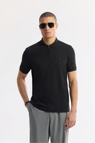 Erkek Siyah Polo Yaka Jakarlı Elastan Regular Fit T-Shirt A51Y1059 - Siyah 