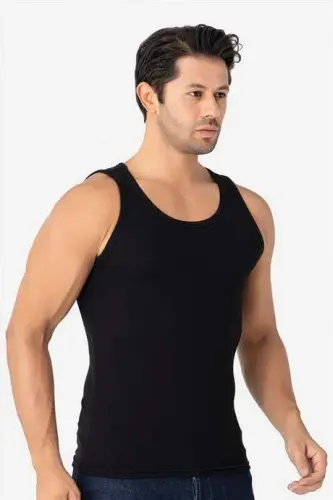 Erkek Siyah Fitilli Atlet Pamuklu Likralı Kaşkorse Halter Yaka Slim Fit Atlet - 3