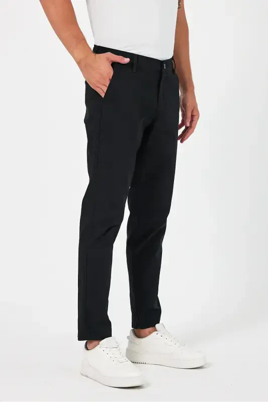 Erkek Siyah Gabardin Pamuklu Slim Fit Esnek Chino Pantolon-Siyah - 2