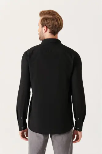 Erkek Siyah Düğmeli Yaka Pamuk İnce Regular Fit Gömlek E002206-Siyah - 4