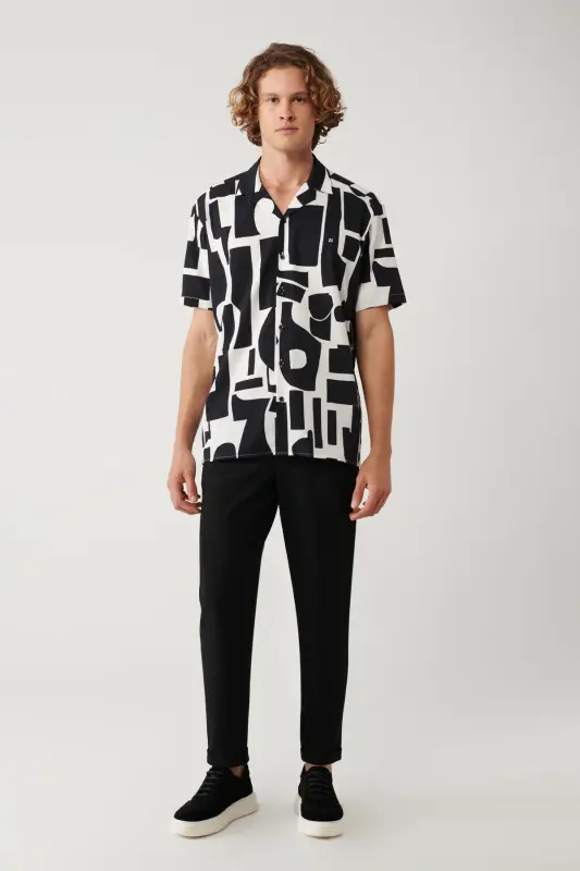 Erkek Siyah Apaj Yaka Kolay Ütülenebilir Gofreli Kısa Kollu Oversize Fit Gömlek A41Y2177 - 5