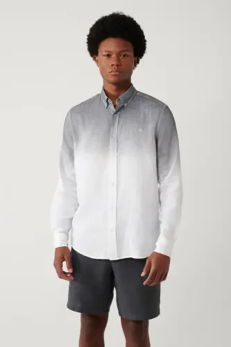 Erkek Siyah Düğmeli Yaka %100 Keten Comfort Fit Gömlek A41Y2195-Siyah 