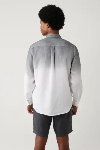 Erkek Siyah Düğmeli Yaka %100 Keten Comfort Fit Gömlek A41Y2195 - Siyah - 4