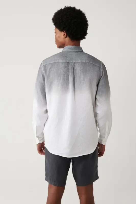 Erkek Siyah Düğmeli Yaka %100 Keten Comfort Fit Gömlek A41Y2195 - Siyah - 4