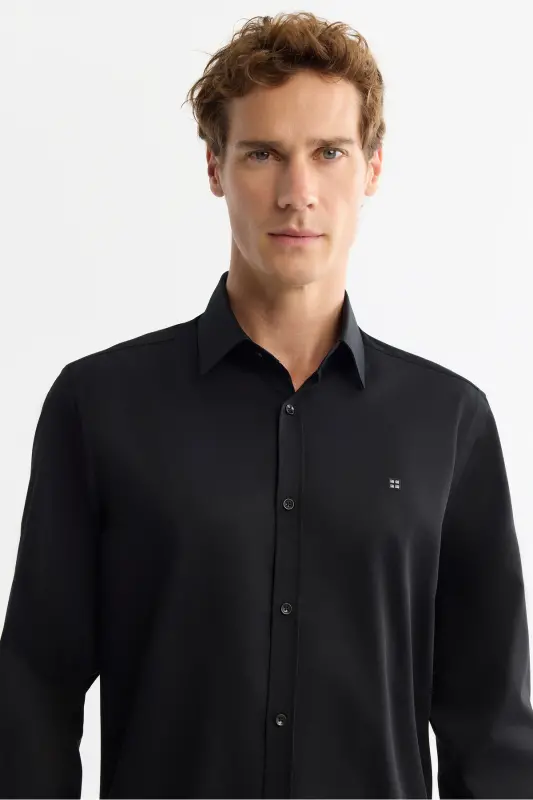Erkek Siyah Klasik Yaka %100 Pamuk Saten Kolay Ütülenen Slim Fit Gömlek B002006-Siyah - 2