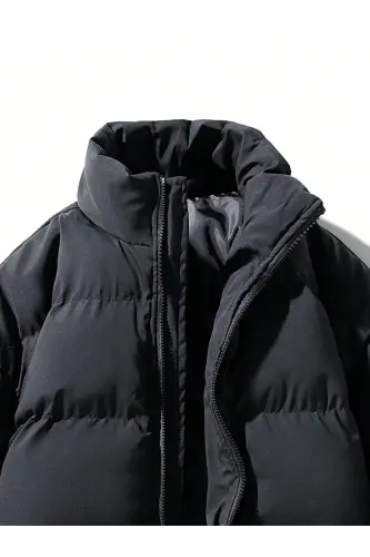 Erkek Siyah İçi Astarlı Çift Cepli Su ve Rüzgar Geçirmez Regular Fit Şişme Mont - Koyu Siyah - 3