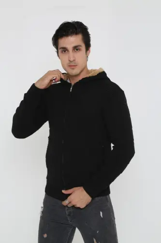 Erkek Siyah Içi Kürklü Kapsonlu Triko Örme Hırka-siyah - KMKKOMBIN (1)