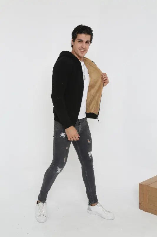 Erkek Siyah Içi Kürklü Kapsonlu Triko Örme Hırka-siyah - 6