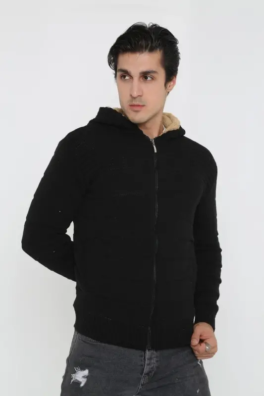 Erkek Siyah Içi Kürklü Kapsonlu Triko Örme Hırka-siyah - 3