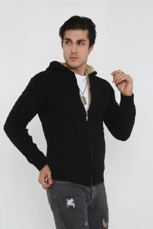 Erkek Siyah Içi Kürklü Kapsonlu Triko Örme Hırka-siyah - 4