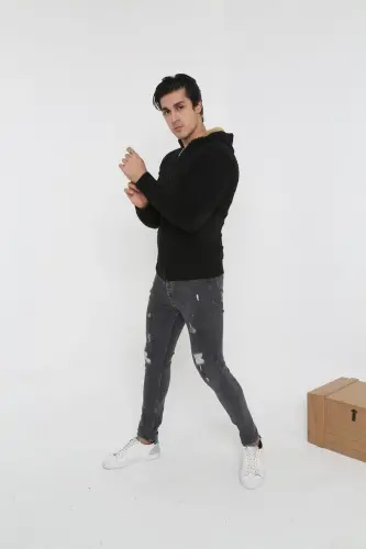 Erkek Siyah Içi Kürklü Kapsonlu Triko Örme Hırka-siyah - 5