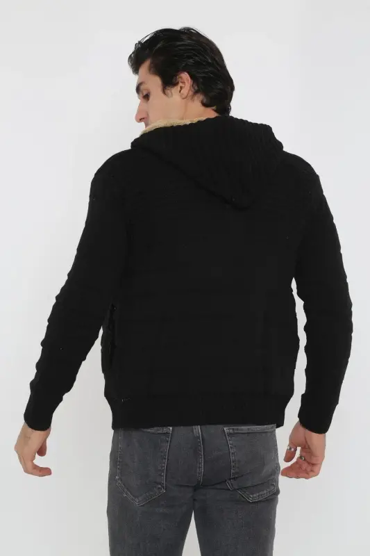 Erkek Siyah Içi Kürklü Kapsonlu Triko Örme Hırka-siyah - 7