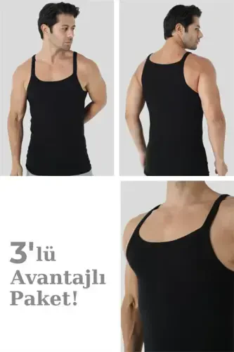 Erkek Siyah İnce Askılı Atlet %100 Pamuk 3'lü Ekonomik Paket - 1