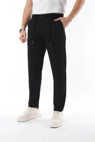 Erkek Kumaş Pantolon Jogger Kesim Slim Fit Likralı Siyah - Beli Lastikli & Rahat Kesim - SİYAH 