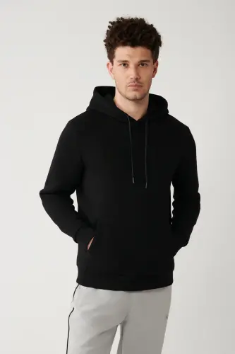 Erkek Siyah Şardonlu Kumaş Kapüşonlu Yaka Süzene Nakışlı Kanguru Cepli Sweatshirt A32Y1193 - Siyah - 3