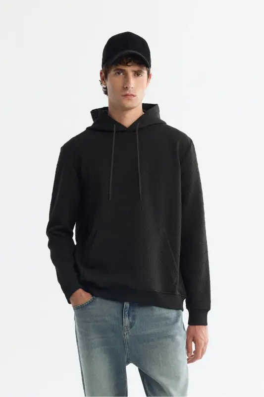 Erkek Siyah Kapüşonlu Baskılı Elastan Regular Fit Sweatshirt A42Y1332 - Siyah - 1