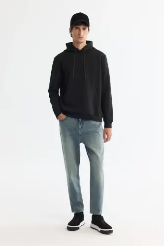 Erkek Siyah Kapüşonlu Baskılı Elastan Regular Fit Sweatshirt A42Y1332 - Siyah - 5