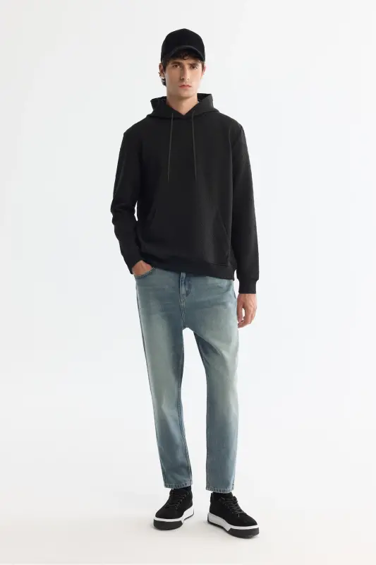 Erkek Siyah Kapüşonlu Baskılı Elastan Regular Fit Sweatshirt A42Y1332 - Siyah - 5