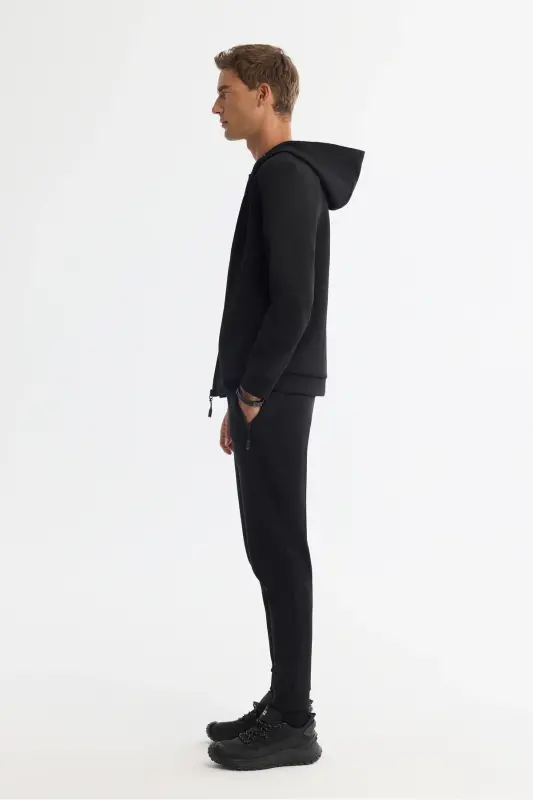 Erkek Siyah Kapüşonlu İnterlok Kumaş Fermuarlı Basic Regular Fit Sweatshirt B001102 - Siyah - 3
