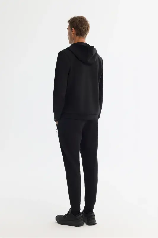 Erkek Siyah Kapüşonlu İnterlok Kumaş Fermuarlı Basic Regular Fit Sweatshirt B001102 - Siyah - 4