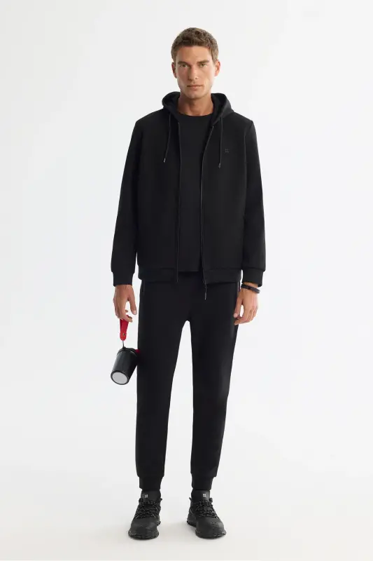 Erkek Siyah Kapüşonlu İnterlok Kumaş Fermuarlı Basic Regular Fit Sweatshirt B001102 - Siyah - 5