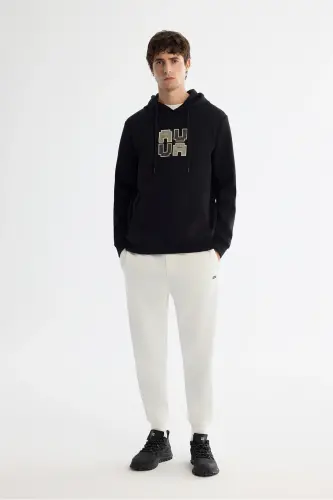 Erkek Siyah Kapüşonlu Pamuklu Baskılı Elastan Regular Fit Sweatshirt A42Y1324 - Siyah - 5