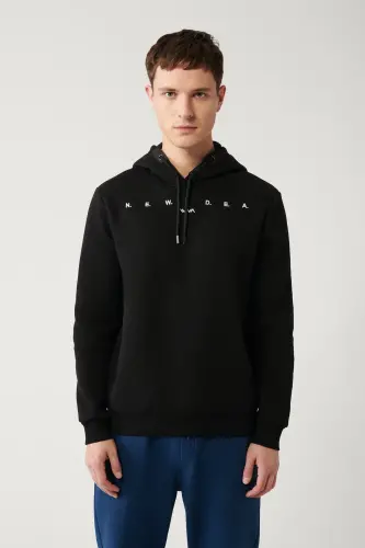 Erkek Siyah Şardonlu Kumaş Kapüşonlu Yaka Nakışlı Sweatshirt A32Y1393 - Siyah - 3