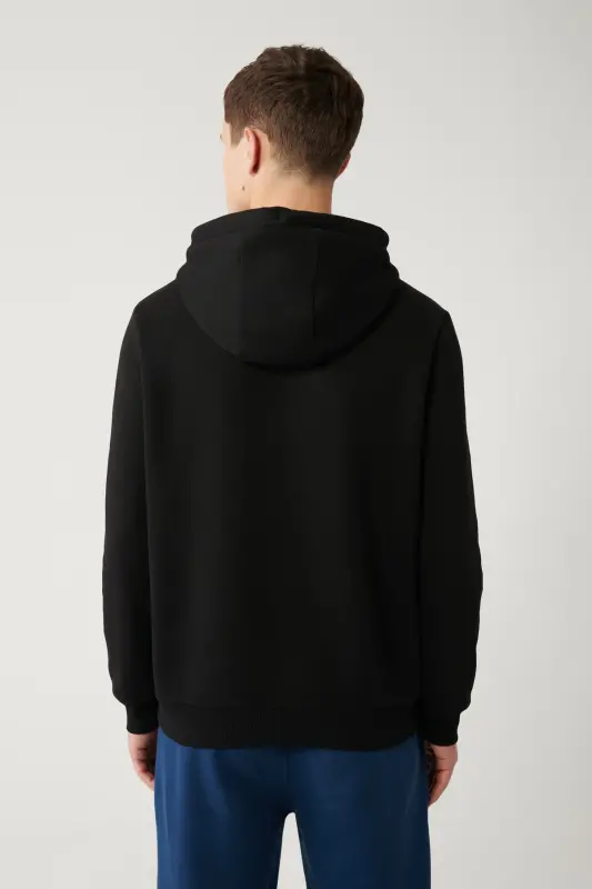 Erkek Siyah Şardonlu Kumaş Kapüşonlu Yaka Nakışlı Sweatshirt A32Y1393 - Siyah - 4