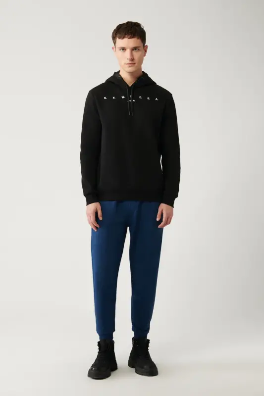 Erkek Siyah Şardonlu Kumaş Kapüşonlu Yaka Nakışlı Sweatshirt A32Y1393 - Siyah - 5