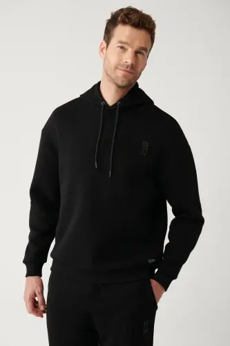 Erkek Siyah Şardonlu Kumaş Kapüşonlu Yaka Gofre Baskılı Oversize Sweatshirt A32Y1190 - Siyah 
