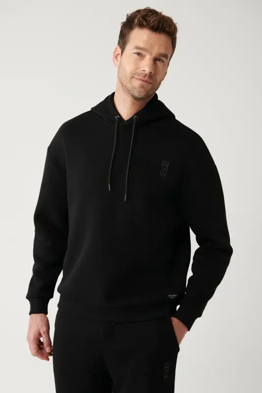 Erkek Siyah Şardonlu Kumaş Kapüşonlu Yaka Gofre Baskılı Oversize Sweatshirt A32Y1190 - Siyah - 1