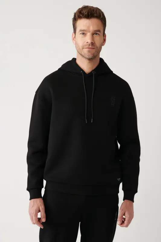 Erkek Siyah Şardonlu Kumaş Kapüşonlu Yaka Gofre Baskılı Oversize Sweatshirt A32Y1190 - Siyah - 3