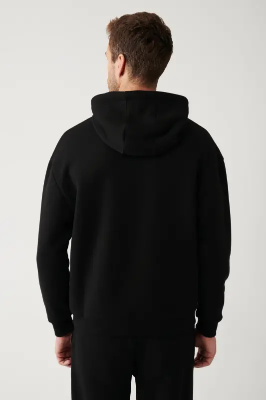 Erkek Siyah Şardonlu Kumaş Kapüşonlu Yaka Gofre Baskılı Oversize Sweatshirt A32Y1190 - Siyah - 4
