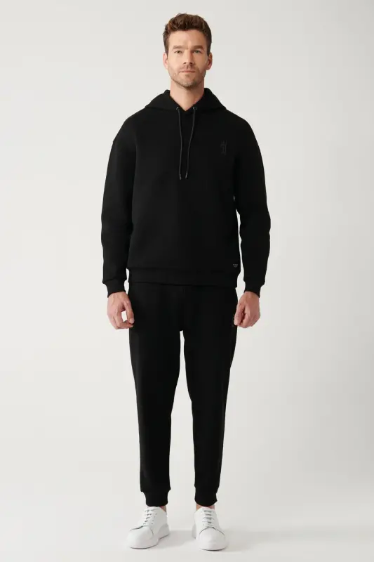 Erkek Siyah Şardonlu Kumaş Kapüşonlu Yaka Gofre Baskılı Oversize Sweatshirt A32Y1190 - Siyah - 6