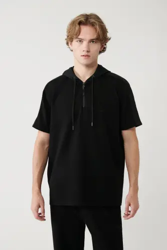 Erkek Siyah Kapüşonlu Jersey Garnili Regular Fit T-Shirt A41Y1233 - Siyah - 3