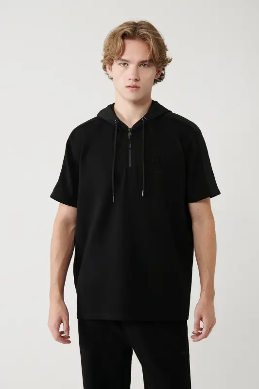 Erkek Siyah Kapüşonlu Jersey Garnili Regular Fit T-Shirt A41Y1233 - Siyah - 3