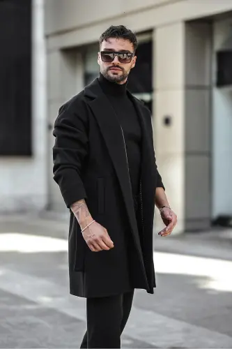Erkek Siyah Kemerli Oversize Rahat Kesim Kaşe Kaban - siyah - GM GIYIMARKET (1)