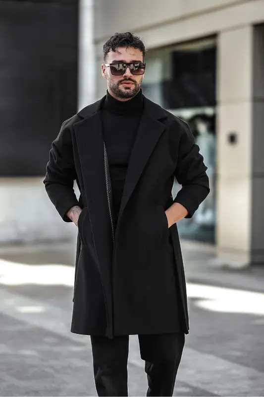 Erkek Siyah Kemerli Oversize Rahat Kesim Kaşe Kaban - siyah - 3