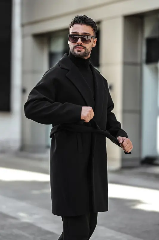 Erkek Siyah Kemerli Oversize Rahat Kesim Kaşe Kaban - siyah - 4