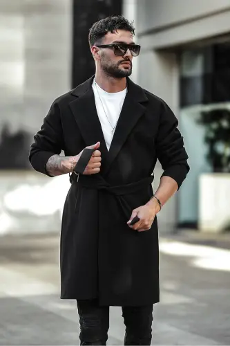 Erkek Siyah Kemerli Oversize Rahat Kesim Kaşe Kaban - siyah - 5