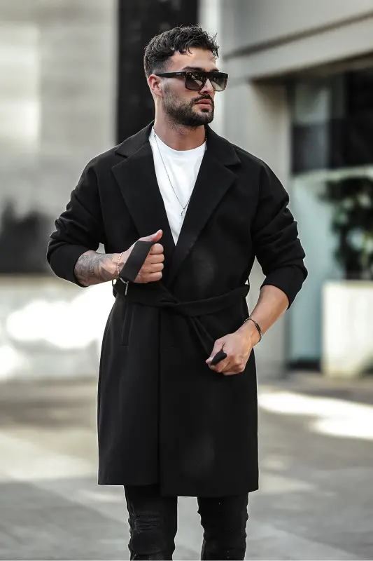 Erkek Siyah Kemerli Oversize Rahat Kesim Kaşe Kaban - siyah - 5
