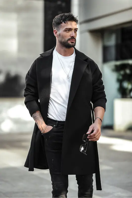 Erkek Siyah Kemerli Oversize Rahat Kesim Kaşe Kaban - siyah - 6